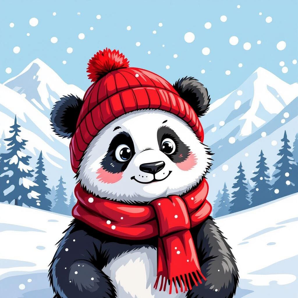 Cute Panda in Red Hat and Scarf in Snowy Alps Doodle Art