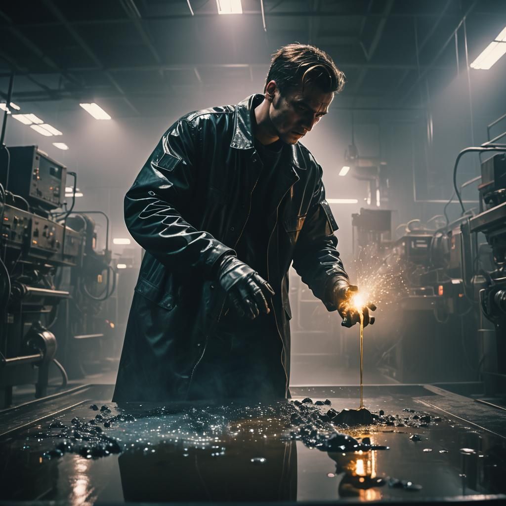 Industrial Cyberpunk Worker in Liquid, Cinematic Still