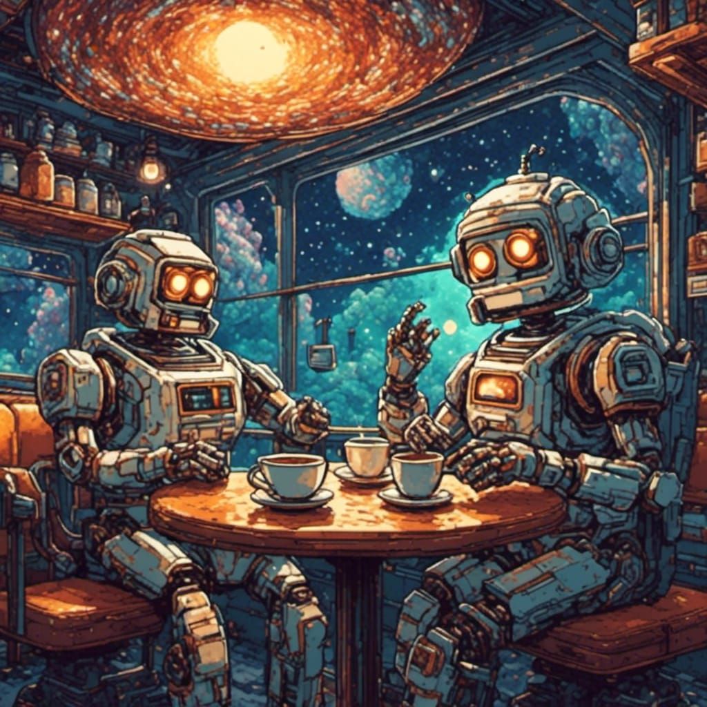 Cute Robots in Space Cafe: Pixel Art