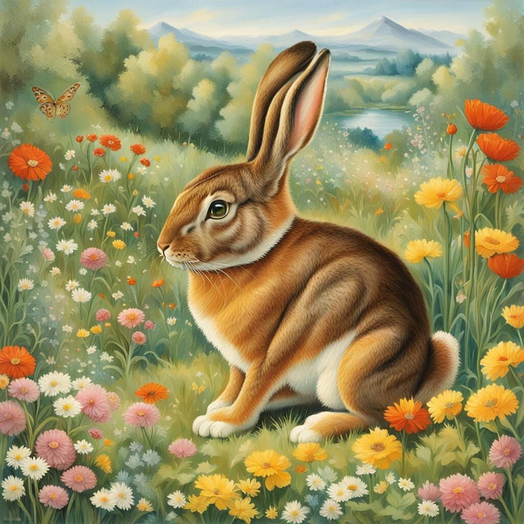 Hare with Bird in Summer Landscape Oil Painting