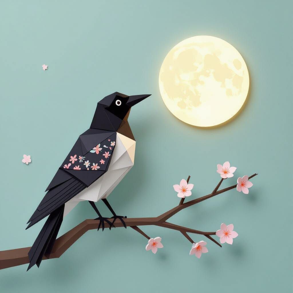 Origami Crow Gazing at Paper Moon in 2D Paper Style