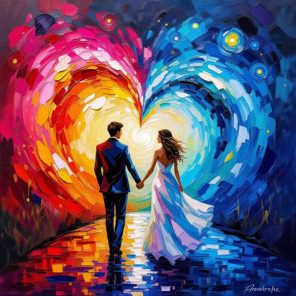 Two Lovers Merging in Celestial Energy, Neo-Impressionist St...