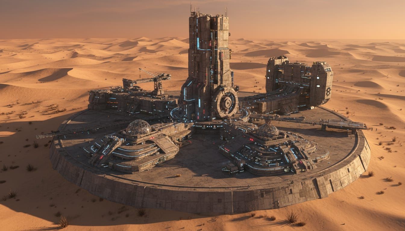 Massive Brutalist Sci-Fi Tower Complex in Desert Sunset