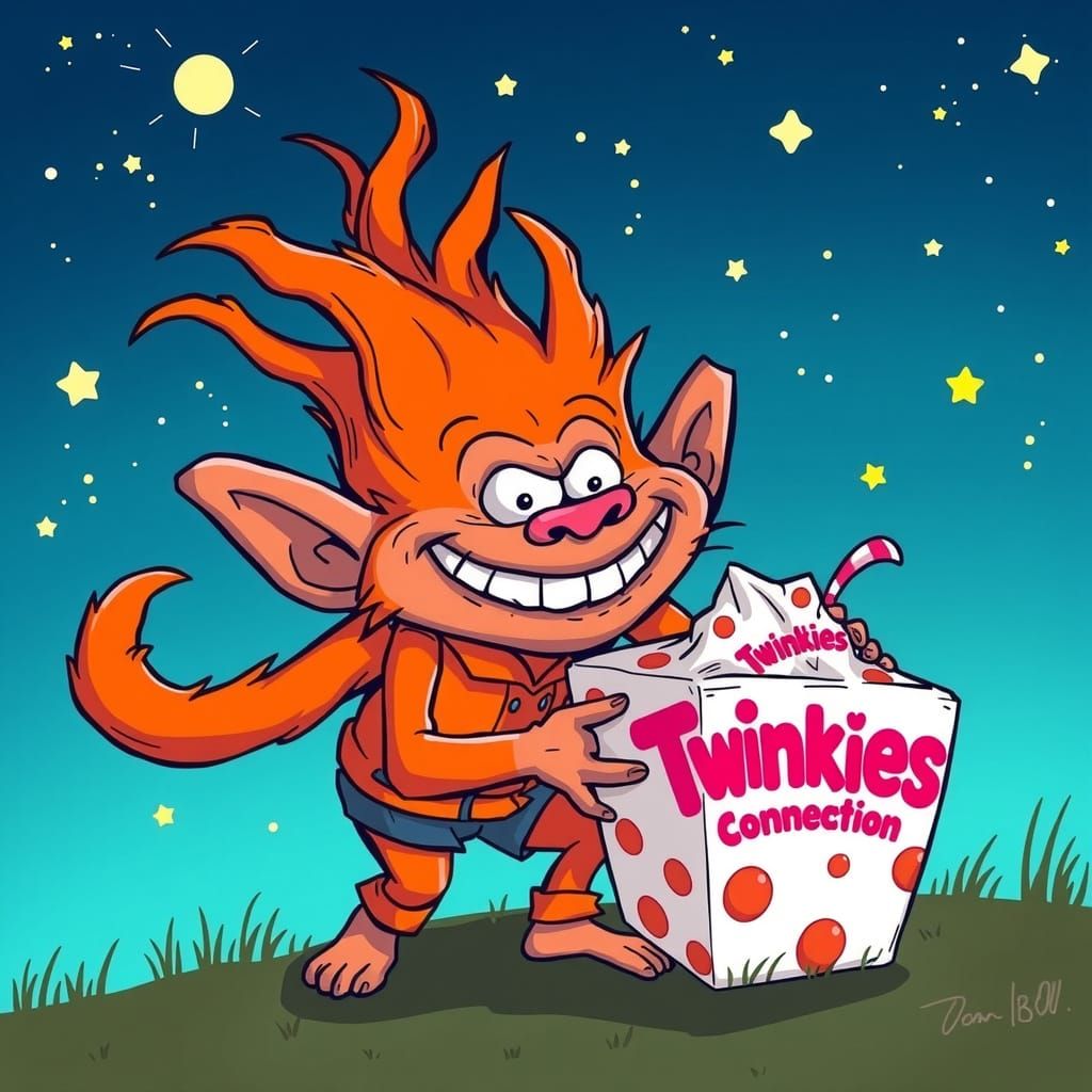 Cartoon Troll Stealing Twinkies Under Starry Sky