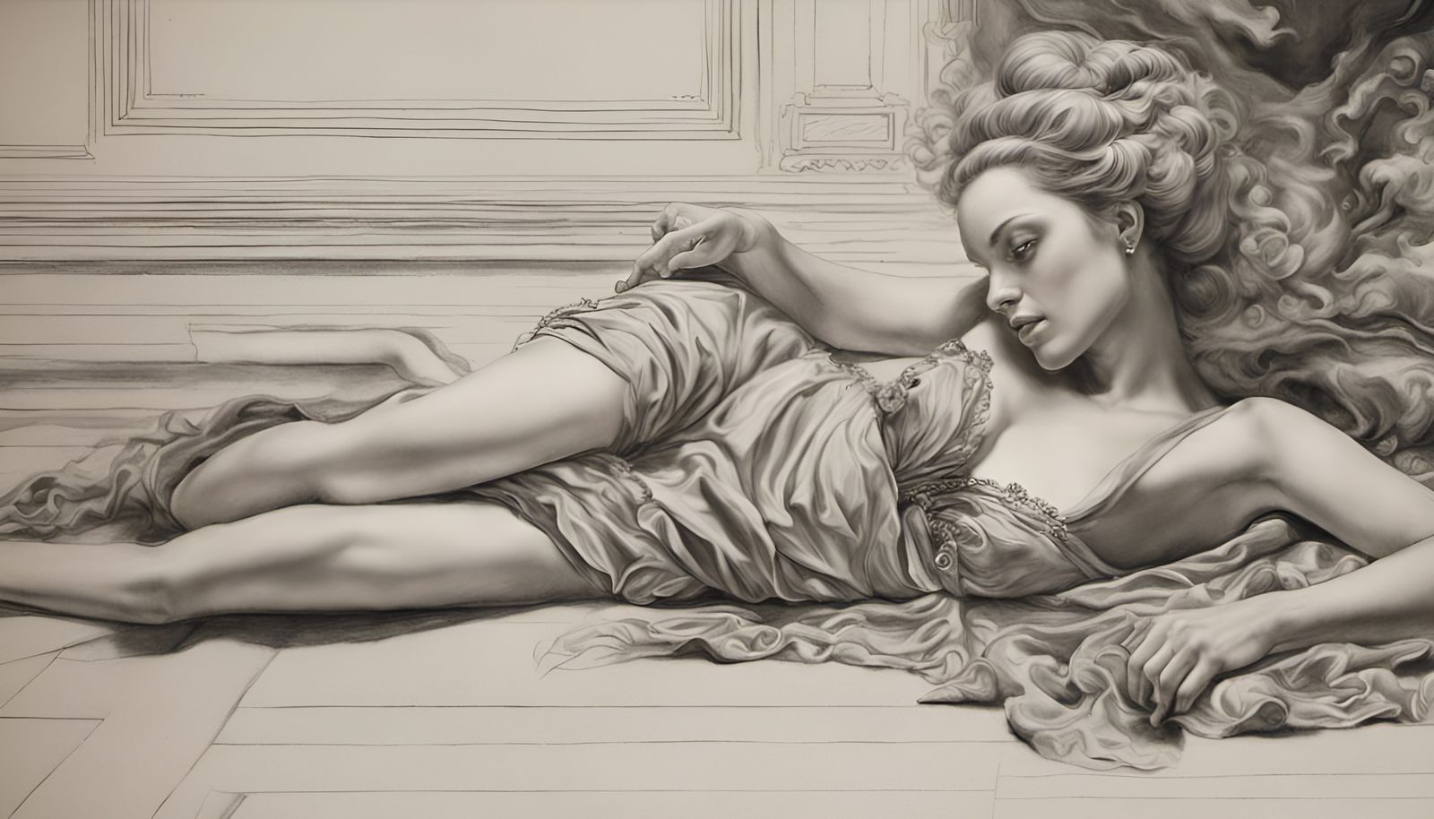 Rococo Woman in Hyperdetailed Charcoal Drawing