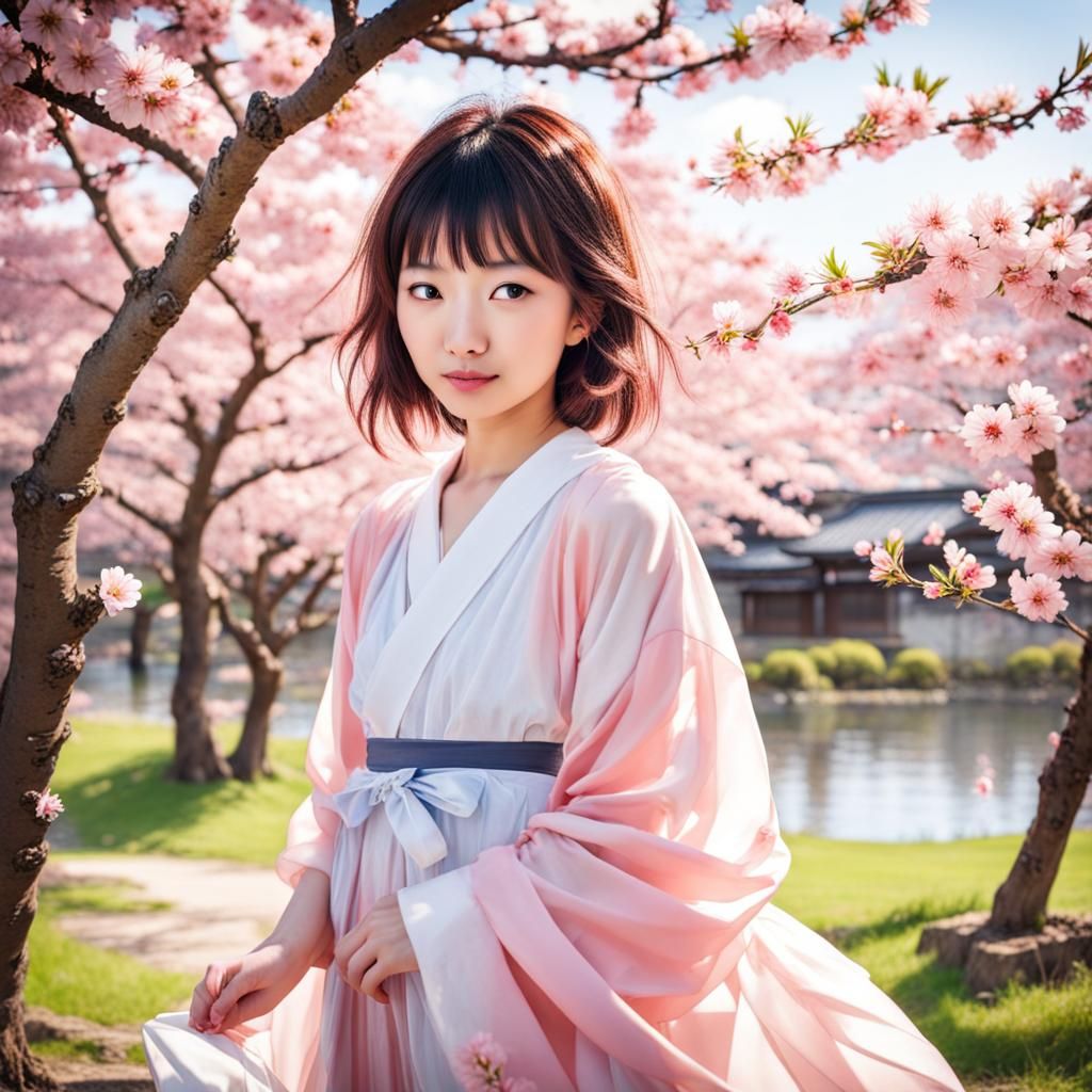 Japanese Girl Under Cherry Blossom Tree