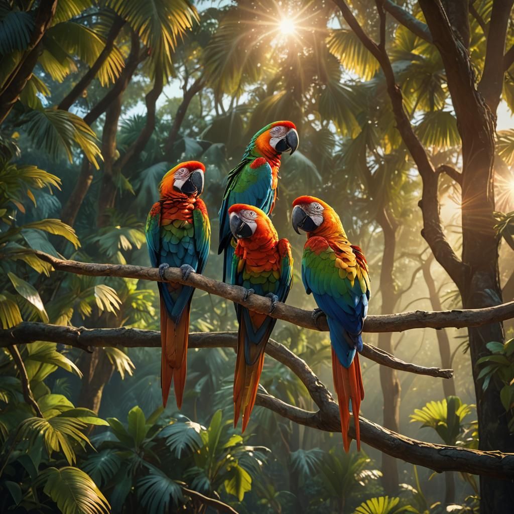 Macaw Parrots in a Realistic Sunset Scene