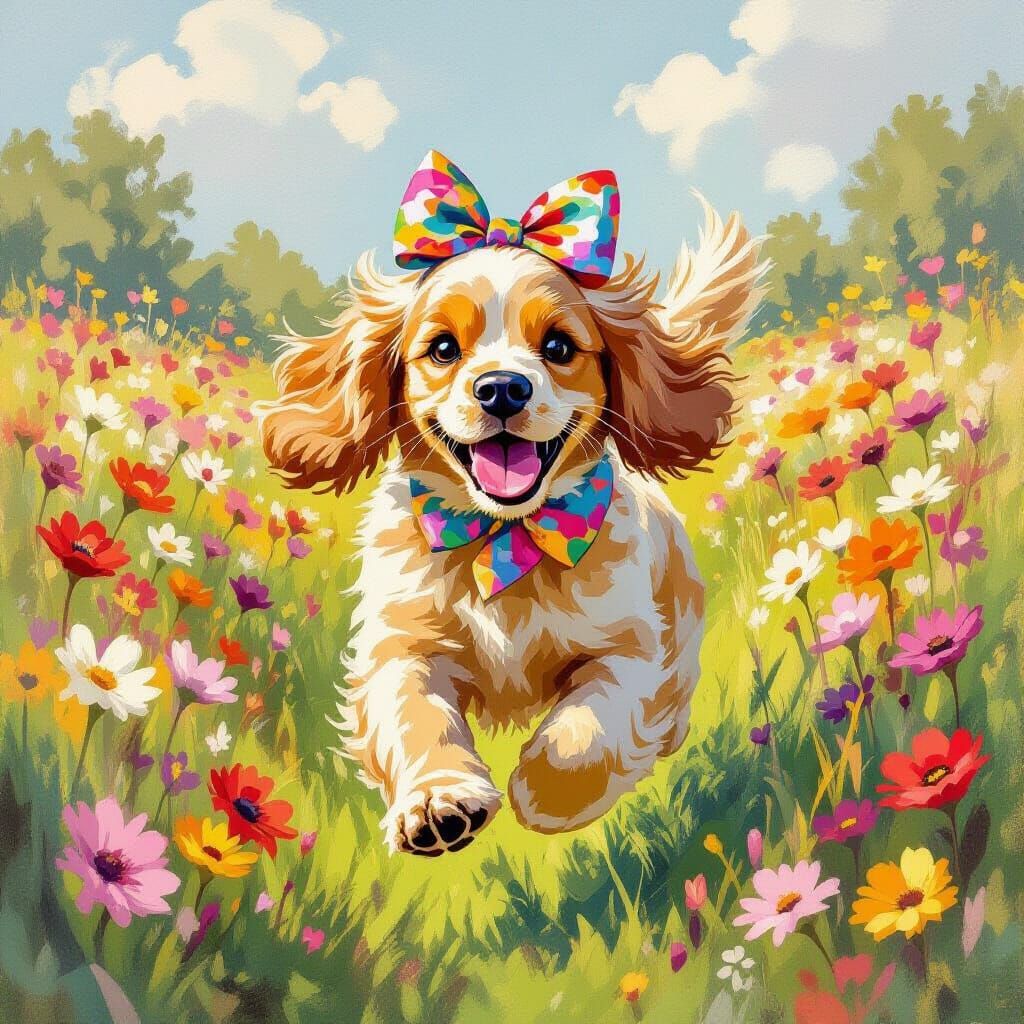 Golden Cocker Spaniel in Floral Meadow, Beatrix Potter Style