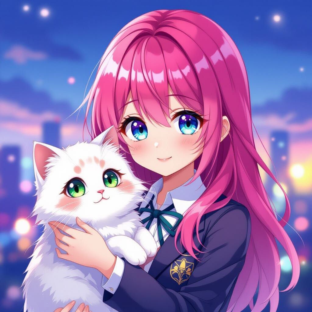 Anime Girl Holding White Cat in Twilight Cityscape