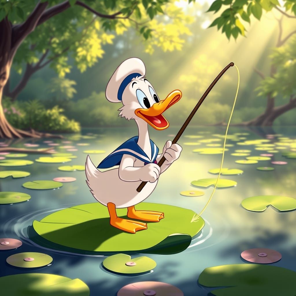 Cartoon Duck Sailor Fishes on Lily Pad Lake in Disney Style