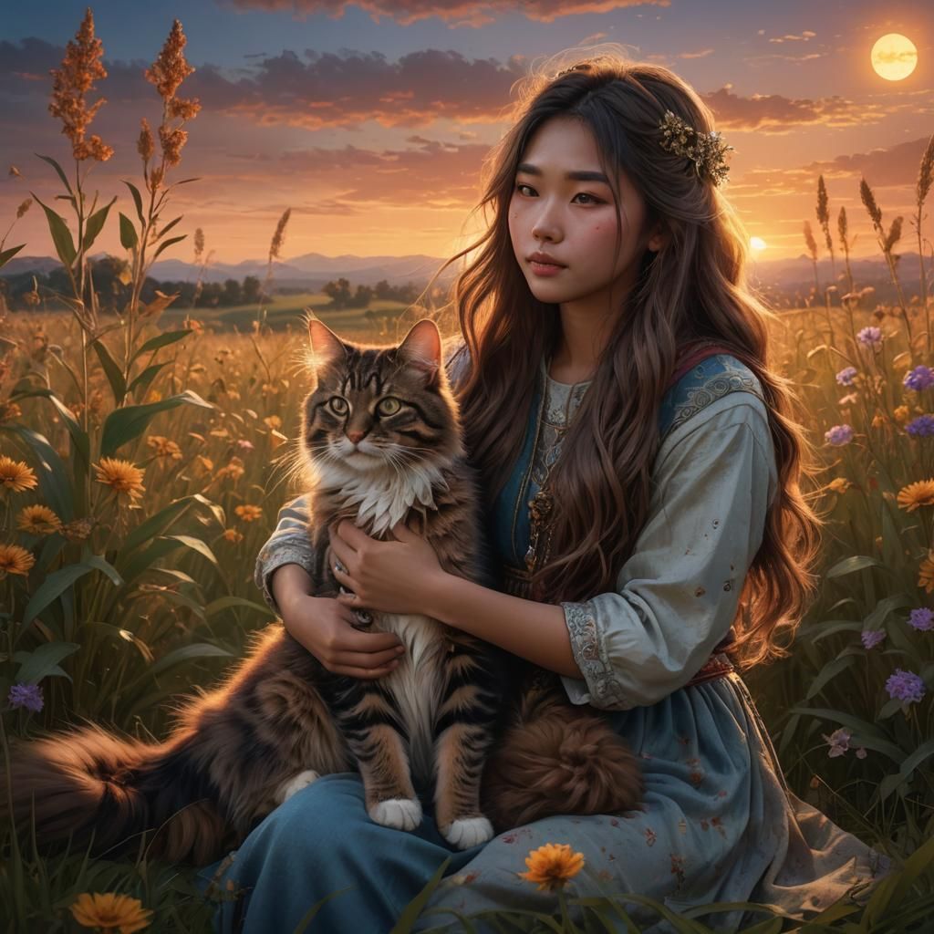 Asian Girl with Kitten in Sunset Field: Fantasy Art