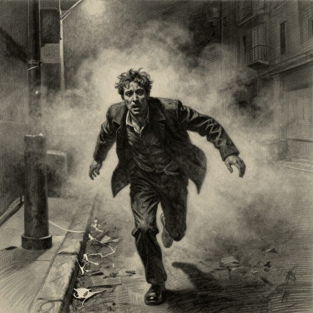 Man Flees Terror in Foggy Night Charcoal Drawing