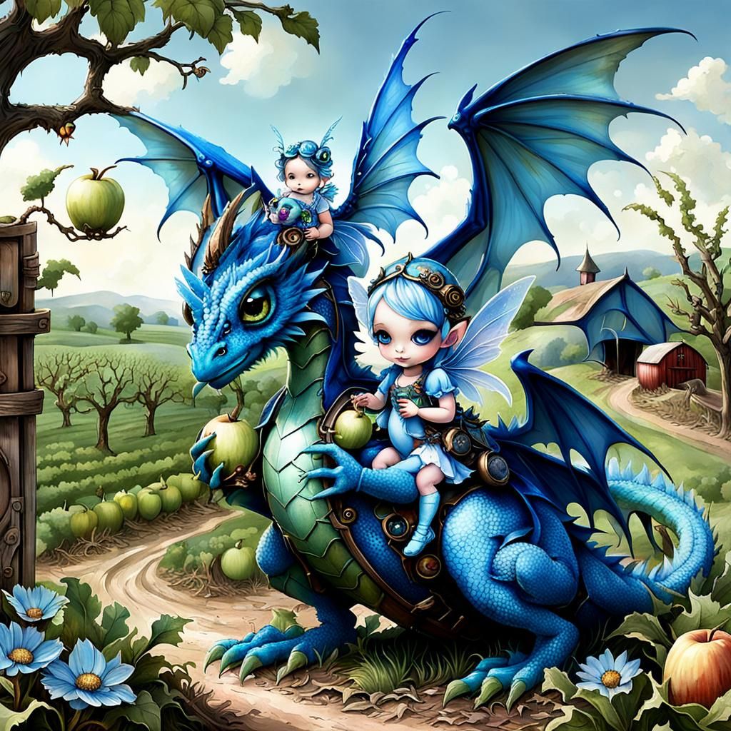 Steampunk Blue Fairy with Dragon in Orchard