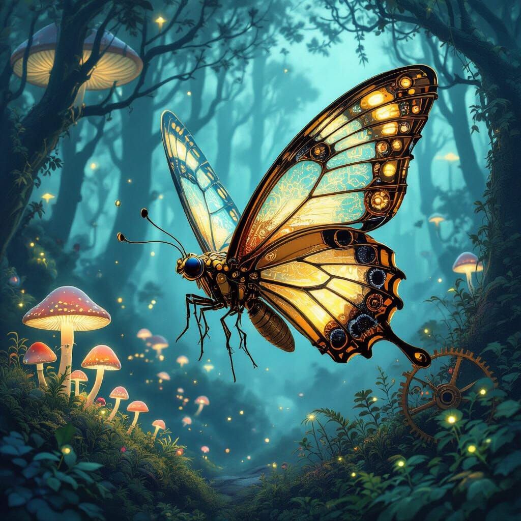 Steampunk Butterfly in Bioluminescent Forest, Art Nouveau St...