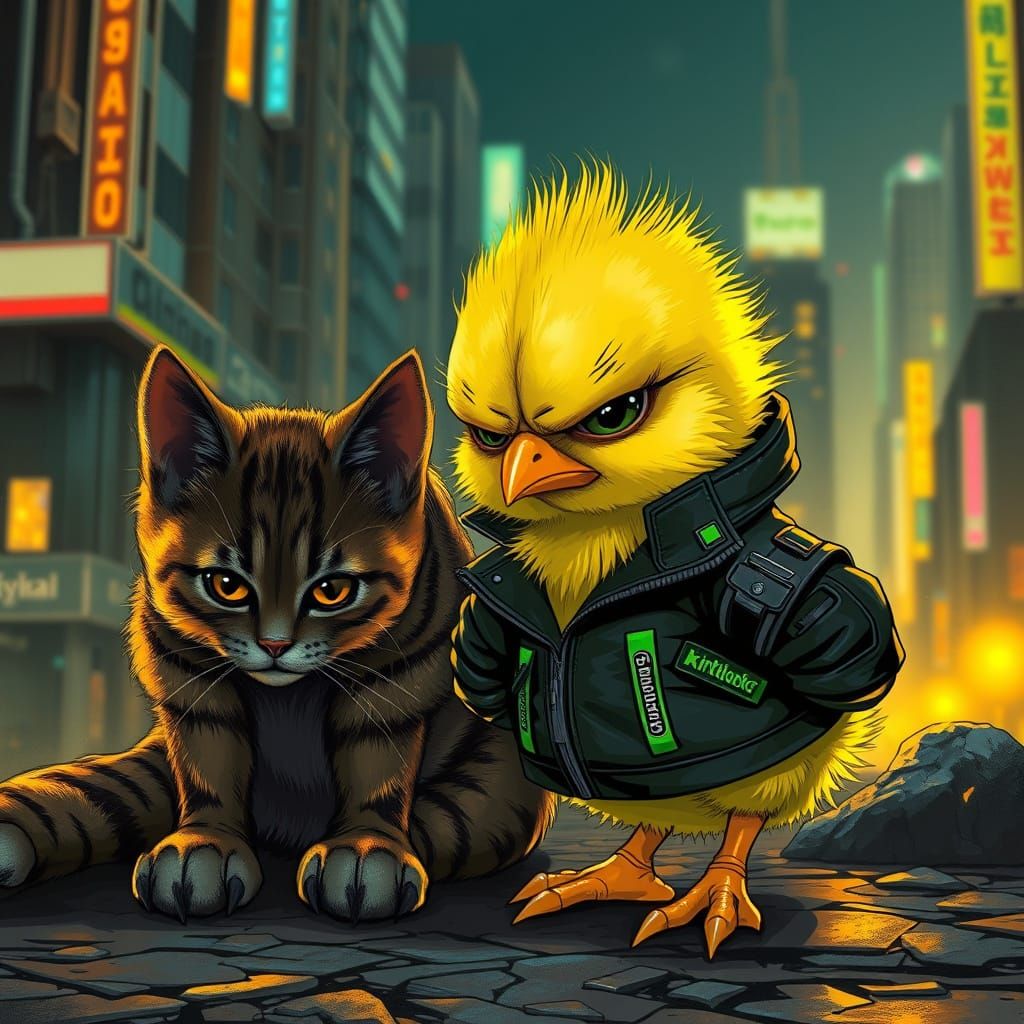 Cyberpunk Chick and Feline in Giger-Inspired Cityscape