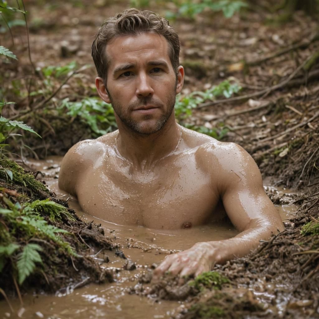 Man Sinking in Quicksand: Photorealistic Forest Portrait