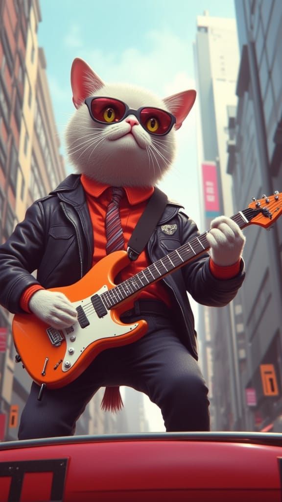 Cat Guitarist on Bus in Futuristic Cityscape