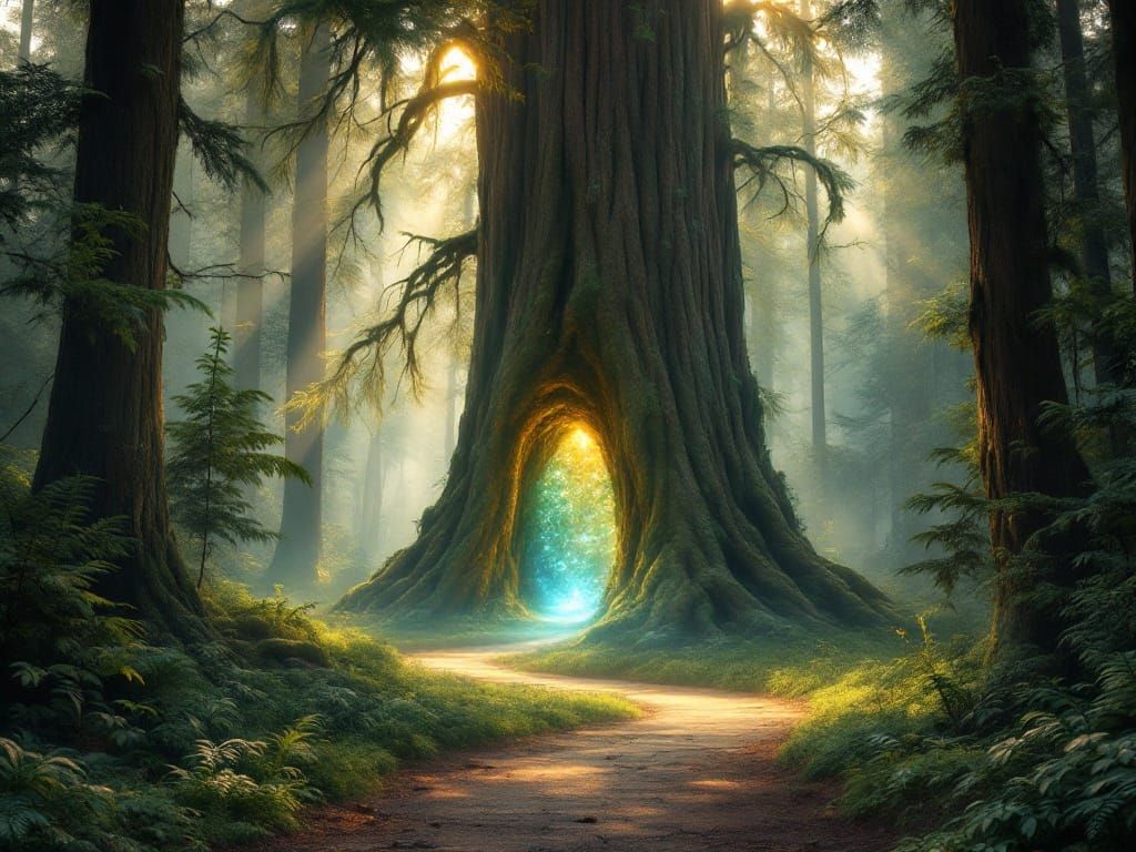 Enchanted Redwood Realm with Hidden Portal