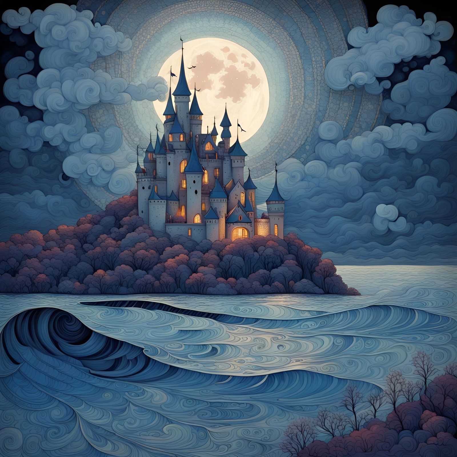 Glowing Seascape Castle in Blue November