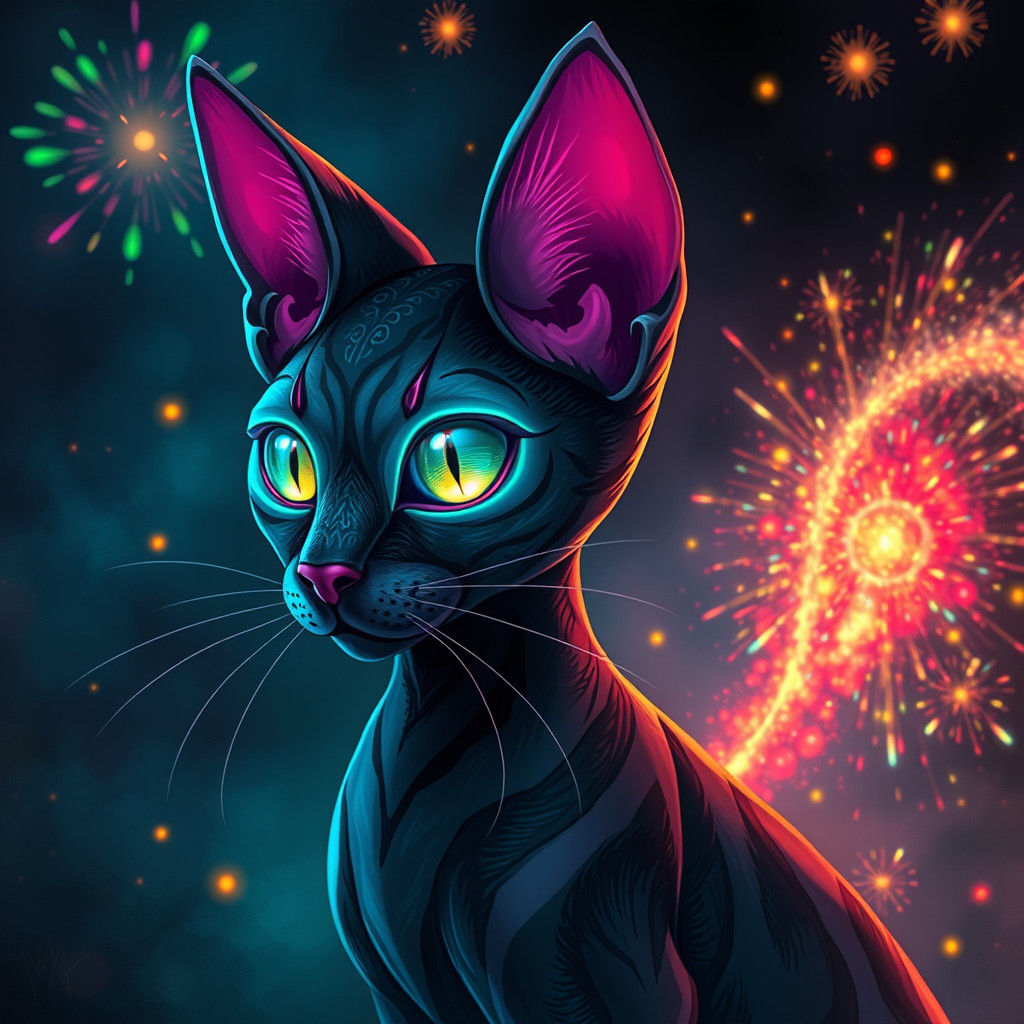 Cat-Sphinx with Neon Eyes in Tim Burton Style