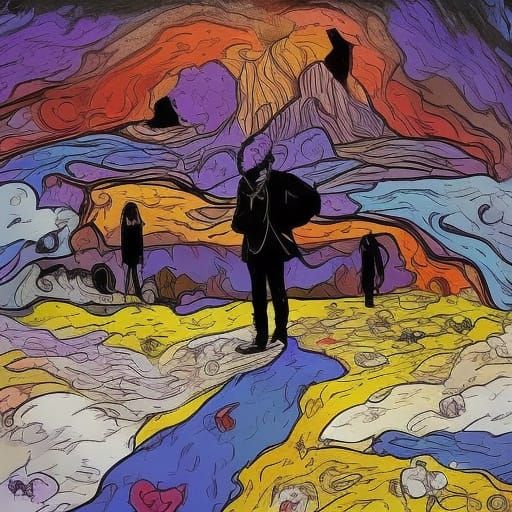 Dreamlike Figure in Surreal Distorted Landscape