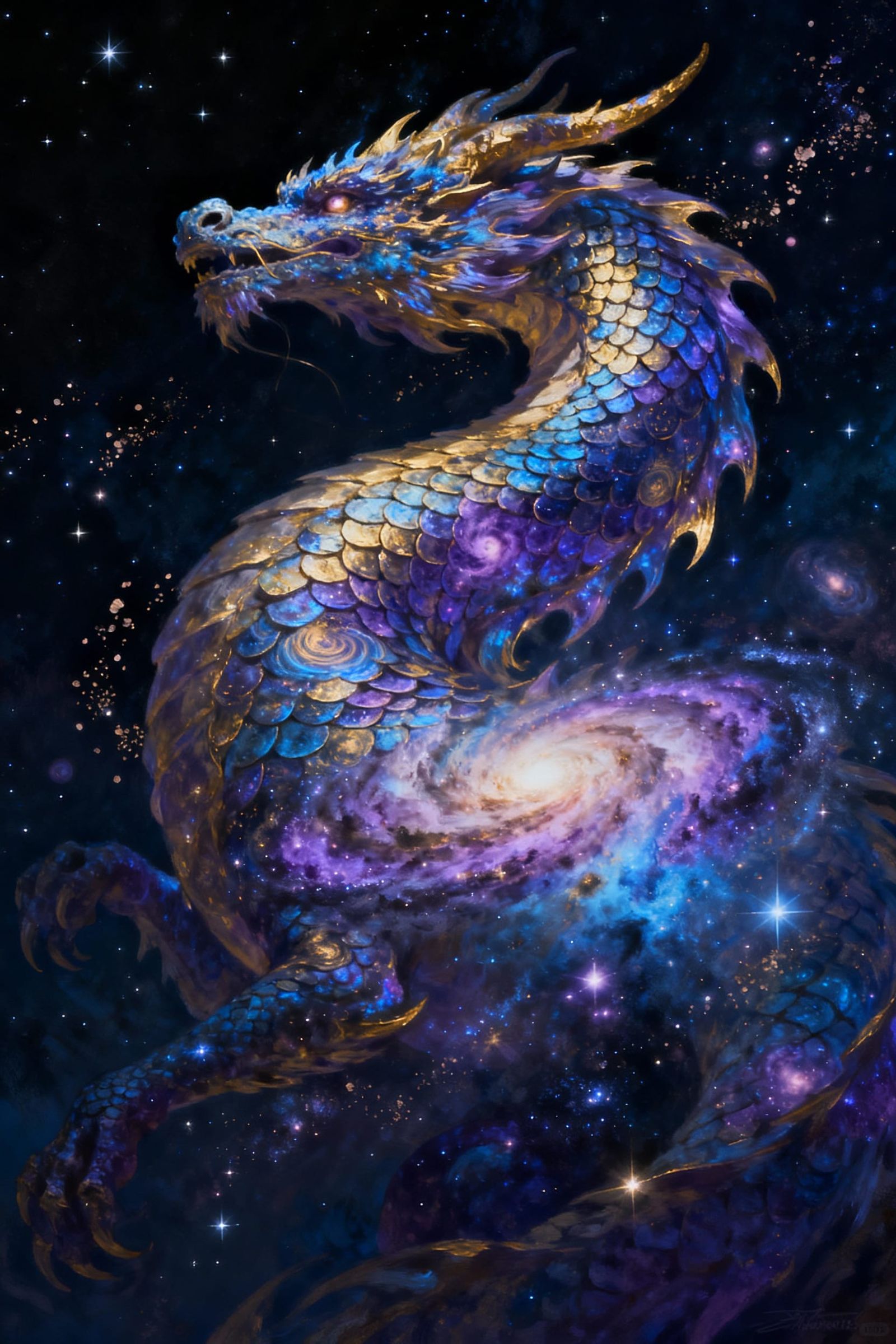 Cosmic Dragon of Nebulae and Galaxies in Matte Painting Styl...
