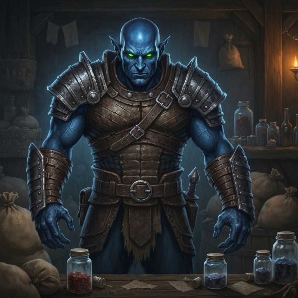 Drow Mercenary Overseeing Tavern Deals in Dark Fantasy Style