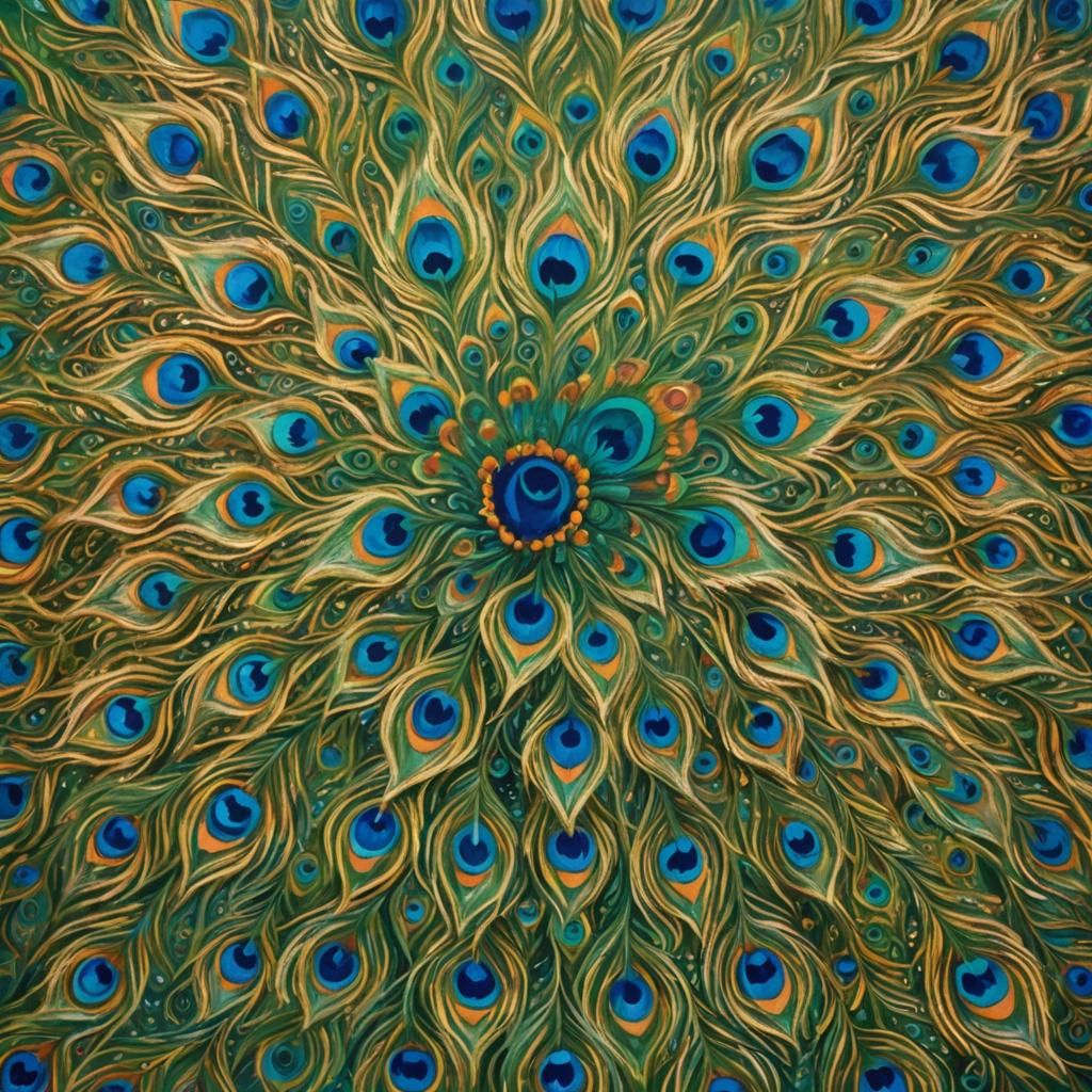 Mandala Peacock Feathers in Expressionist Oil Painting