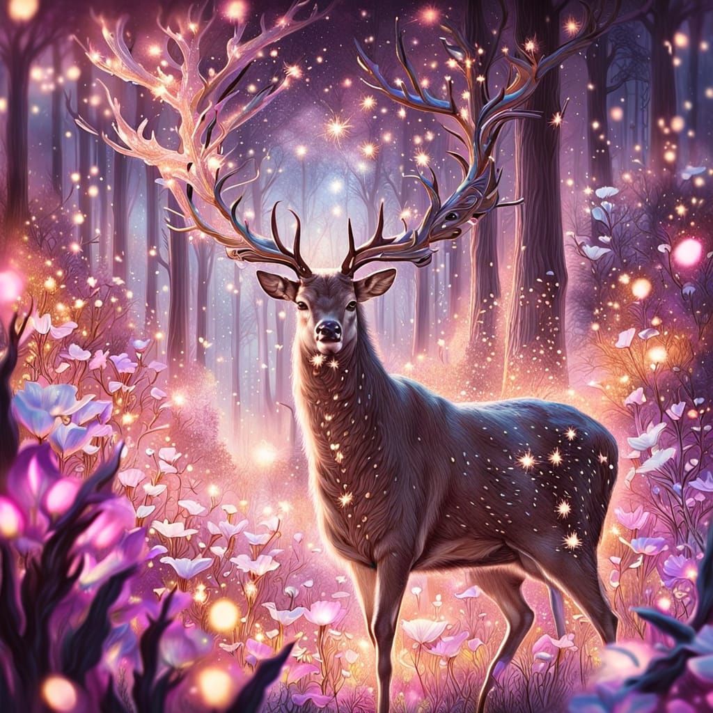 Majestic Deer in Magical Forest: Charcoal Drawing