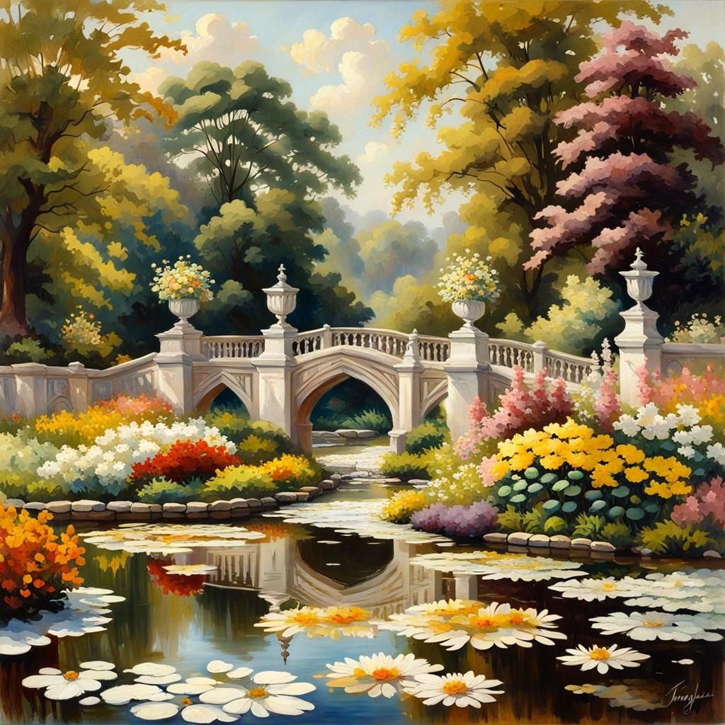 Victorian Garden in Sunlight: an Impressionist Oil Painting