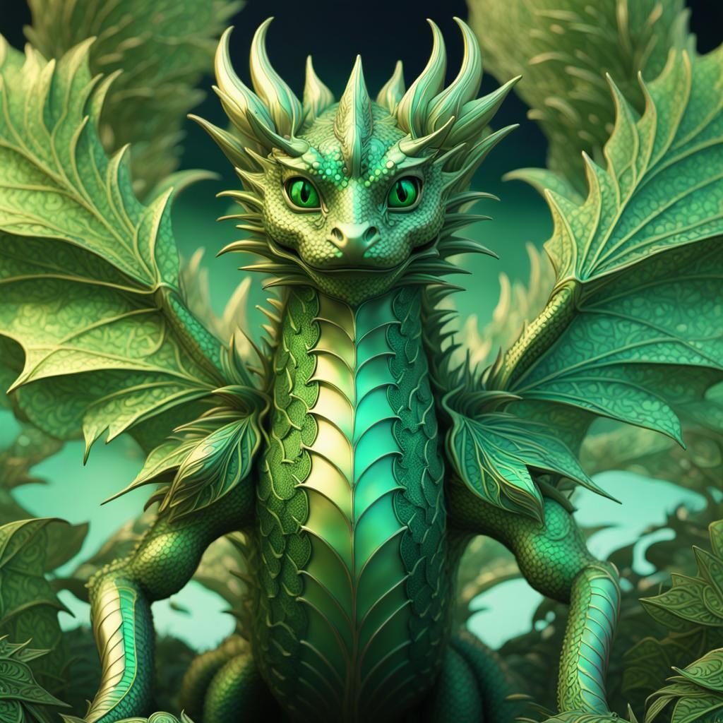 Make an awesome metallic green  plant dragon made of leaves . Genki desu ka? art Nouveau thermal imaging 8K resolution i...