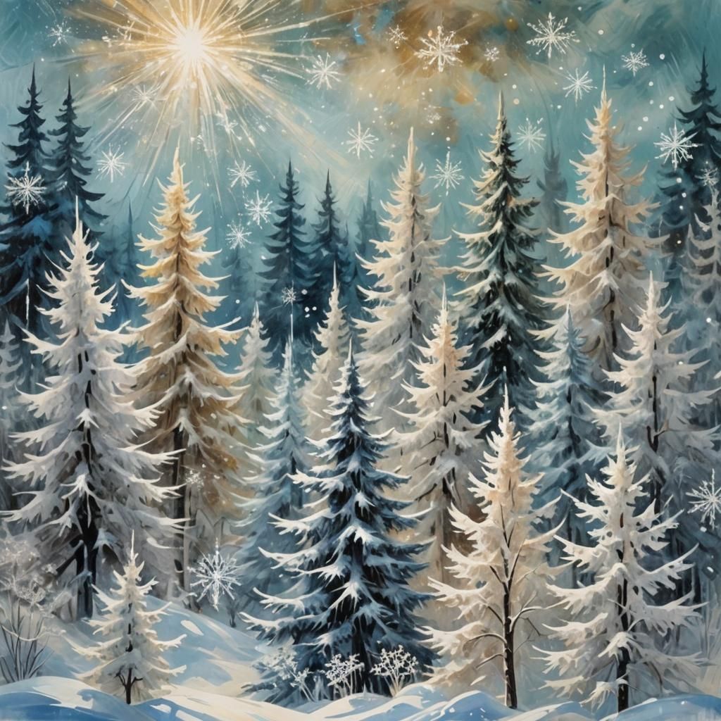 Ethereal Winter Wonderland in Vibrant, Surreal Acrylic
