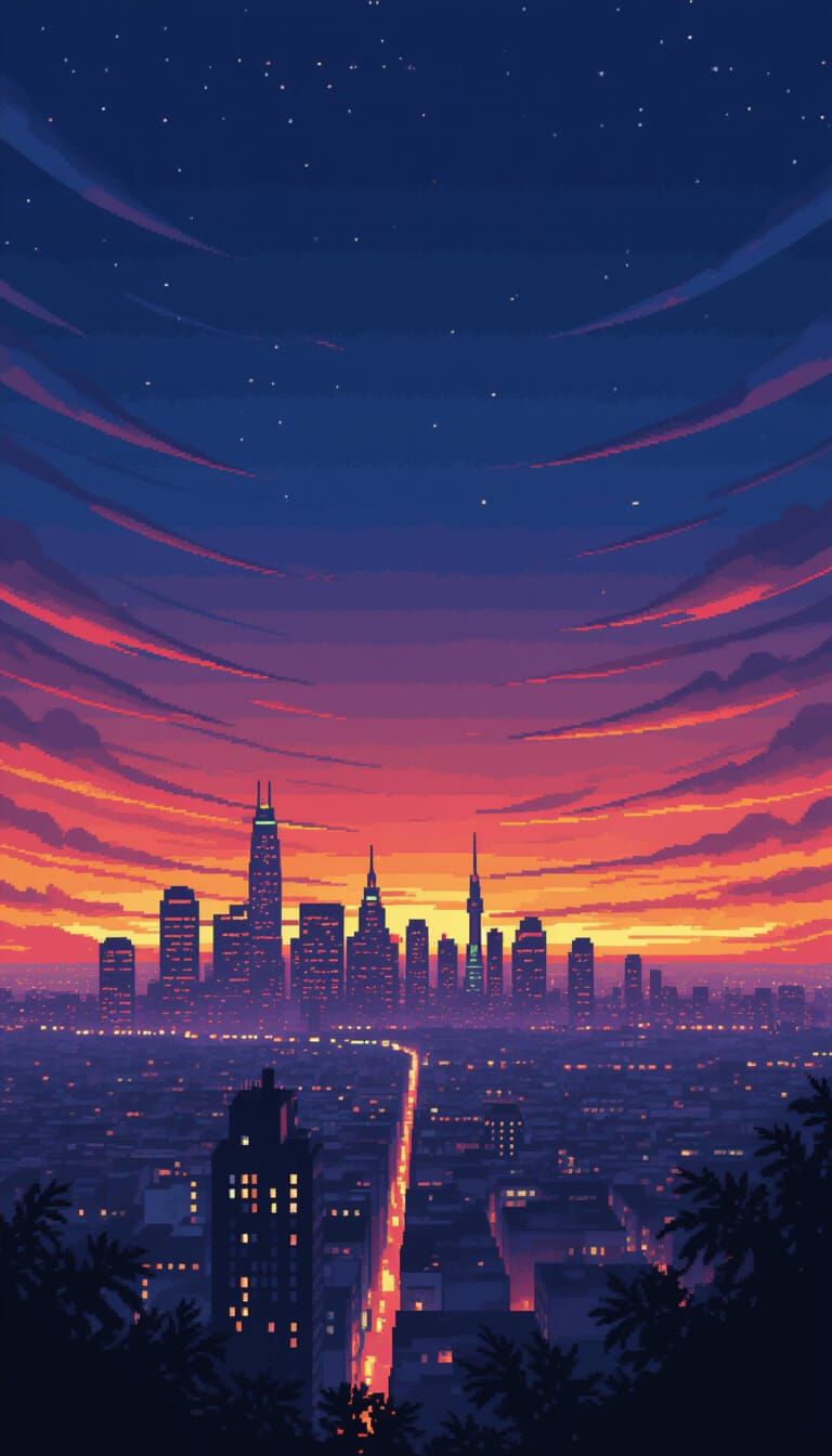 City Horizon at Night in Pixel Art