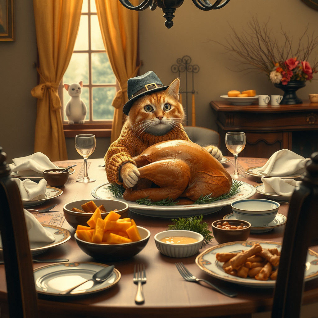 Thanksgiving Pilgrim Cat at Festive Dinner