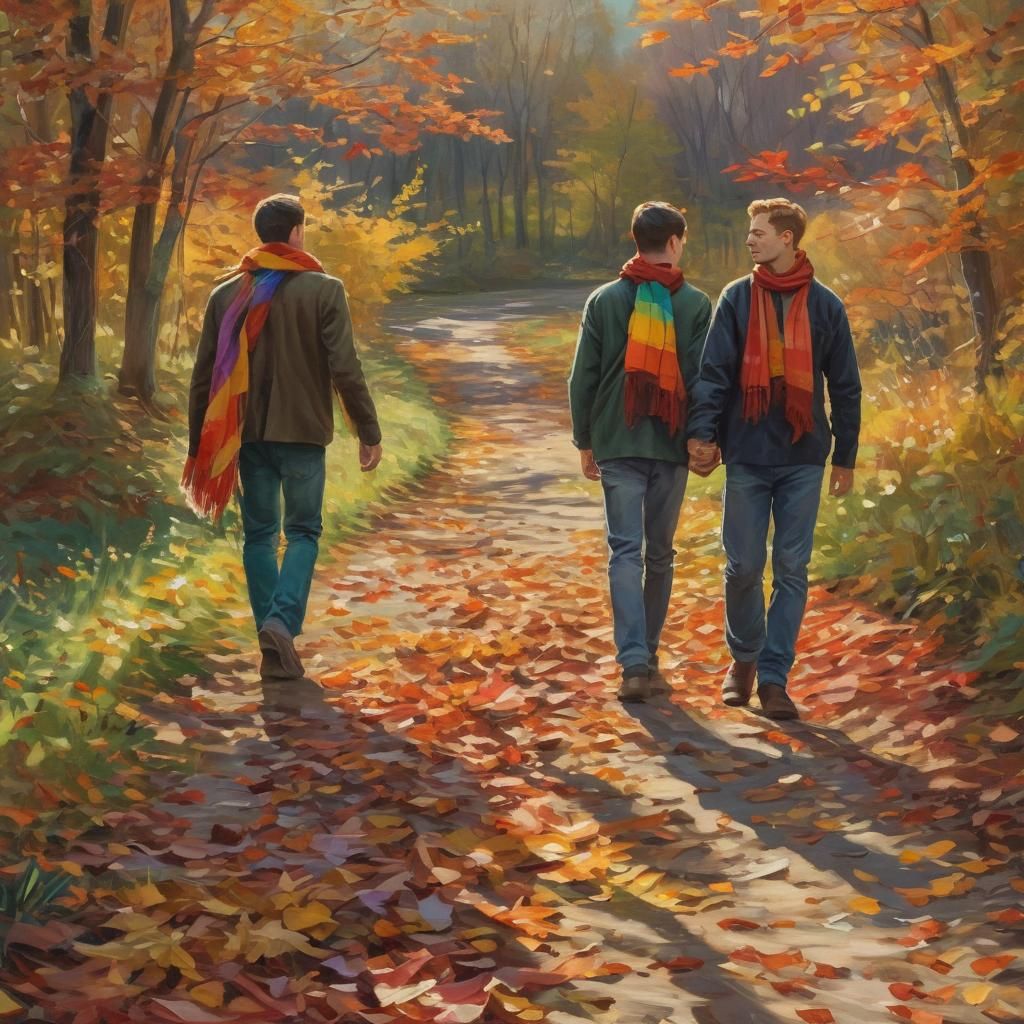 Gay Couple in Autumn Landscape, Impressionist Oil Painting