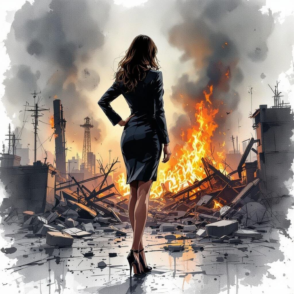 Empowered Administrator Amidst Burning Office, Mixed Media A...