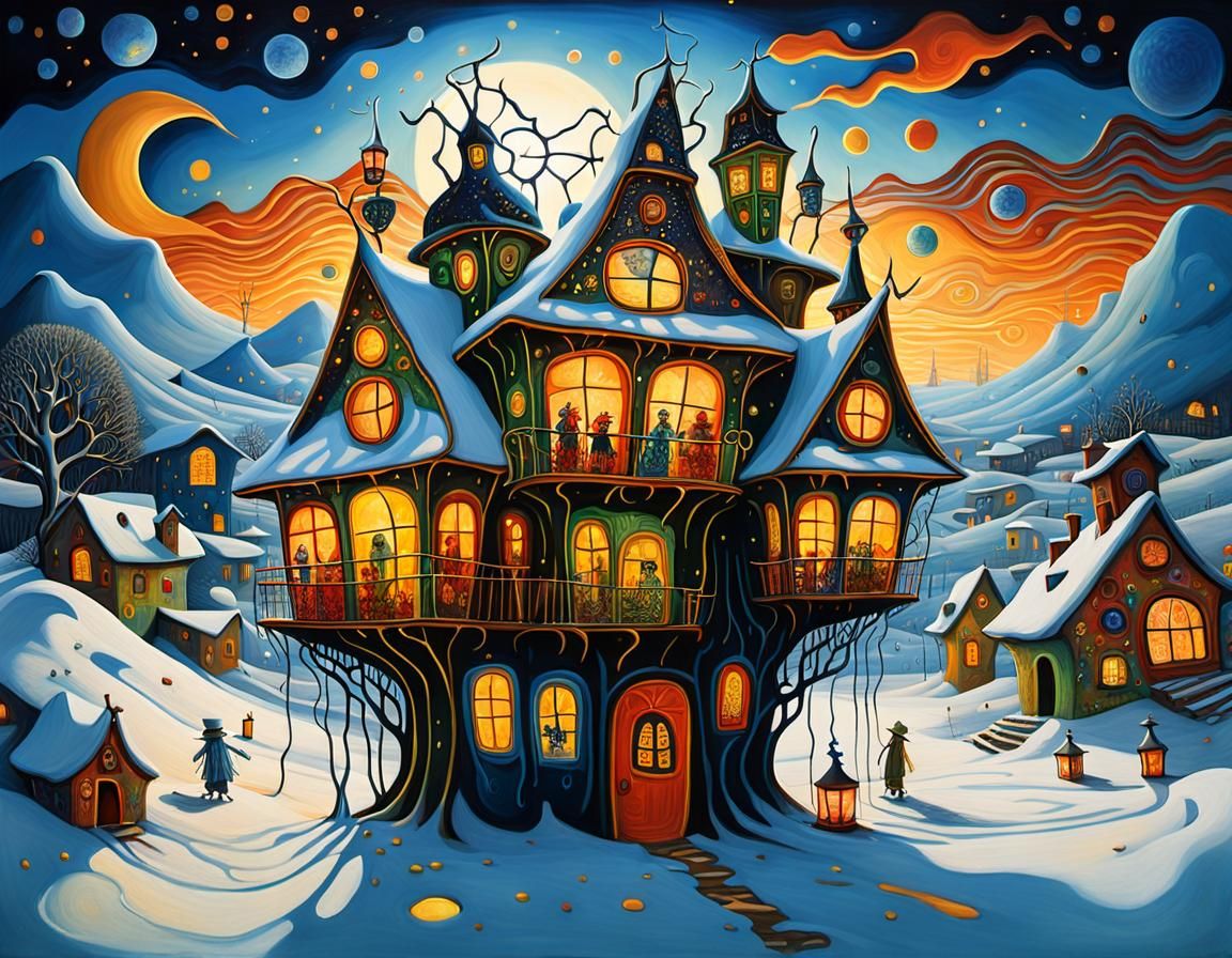 Surreal Attic Room in Winter, Hundertwasser Style