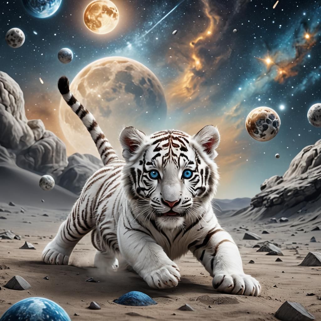 Playful White Tiger Cub on the Moon