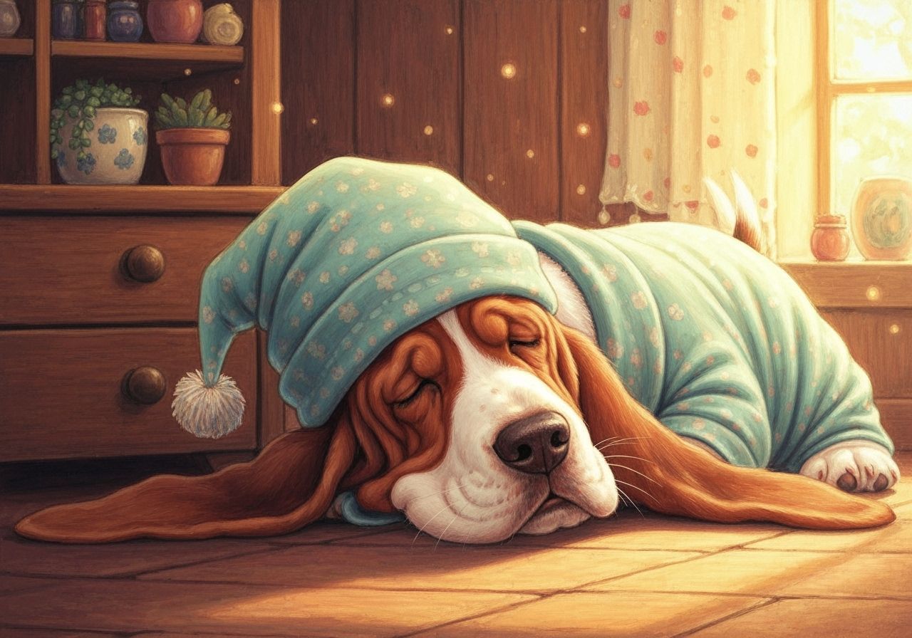 Cute Basset Hound Sleeping in Whimsical Storybook Style