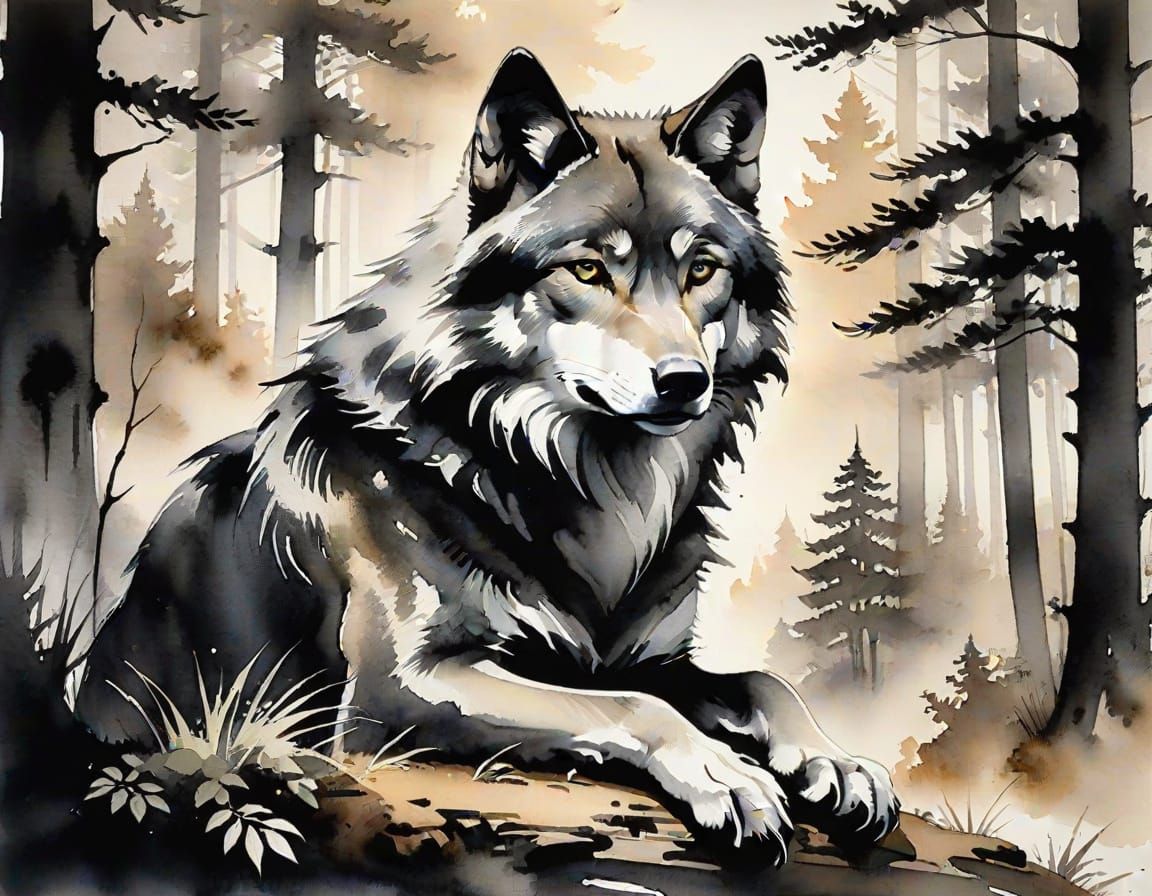 Wolf in Forest: Sumi Ink Wash Painting