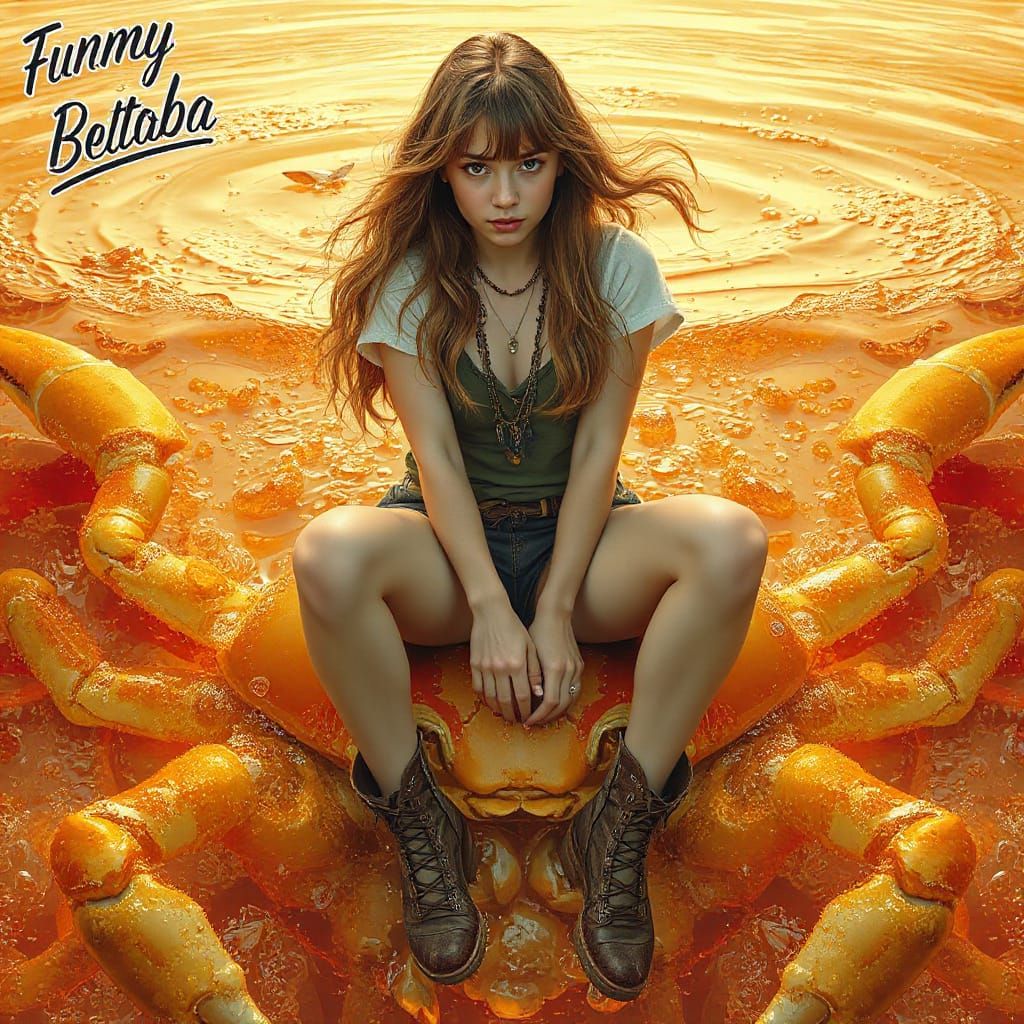 Woman on Gummy Crab in Effervescent Soda Sea