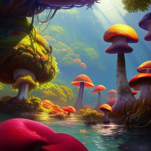 Lush Bioluminescent Mushroom Island, Fantasy Art