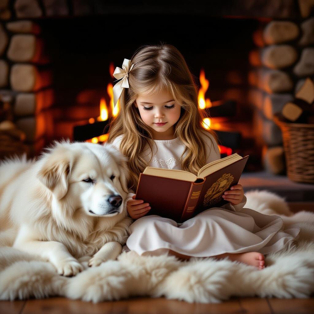 Vintage Portrait of Girl Reading by Firelight with Dog