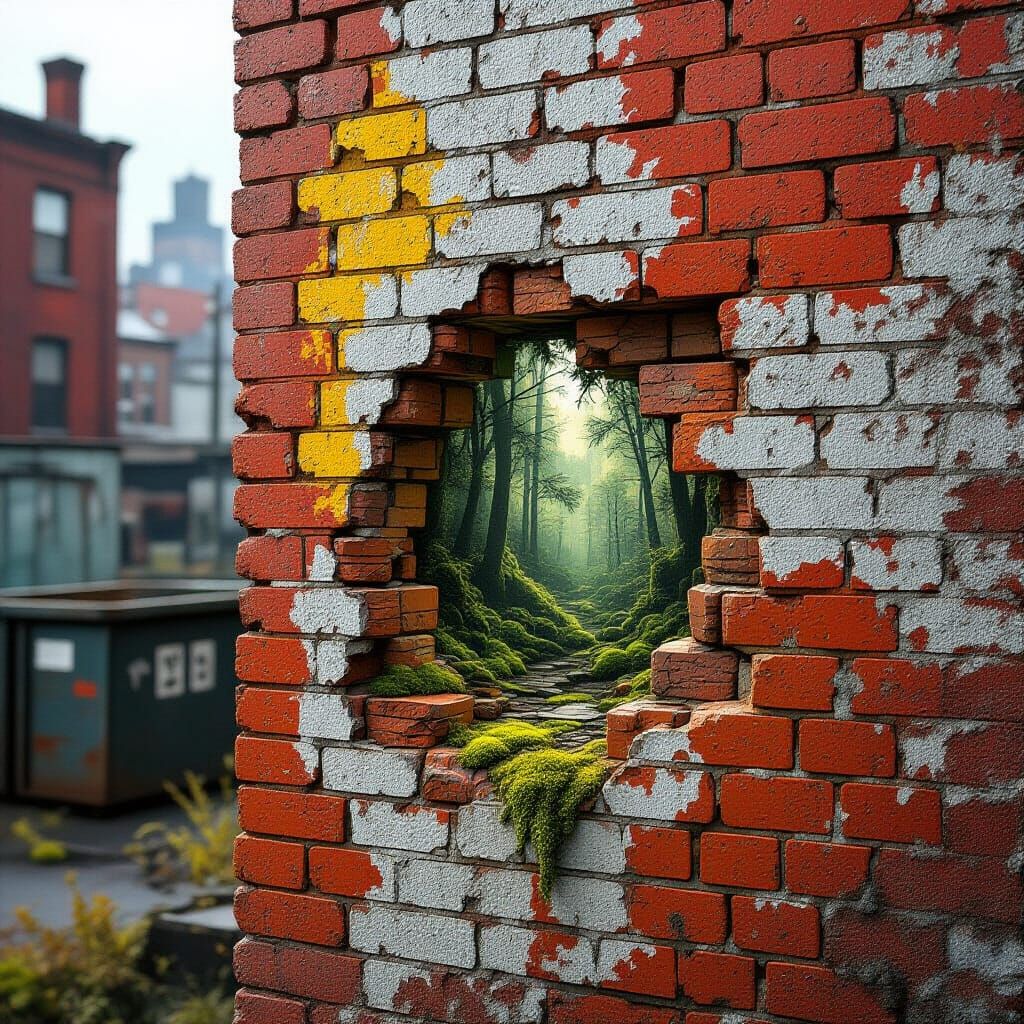 Hidden Lush Forest in Urban Brick Wall, Hyperrealistic