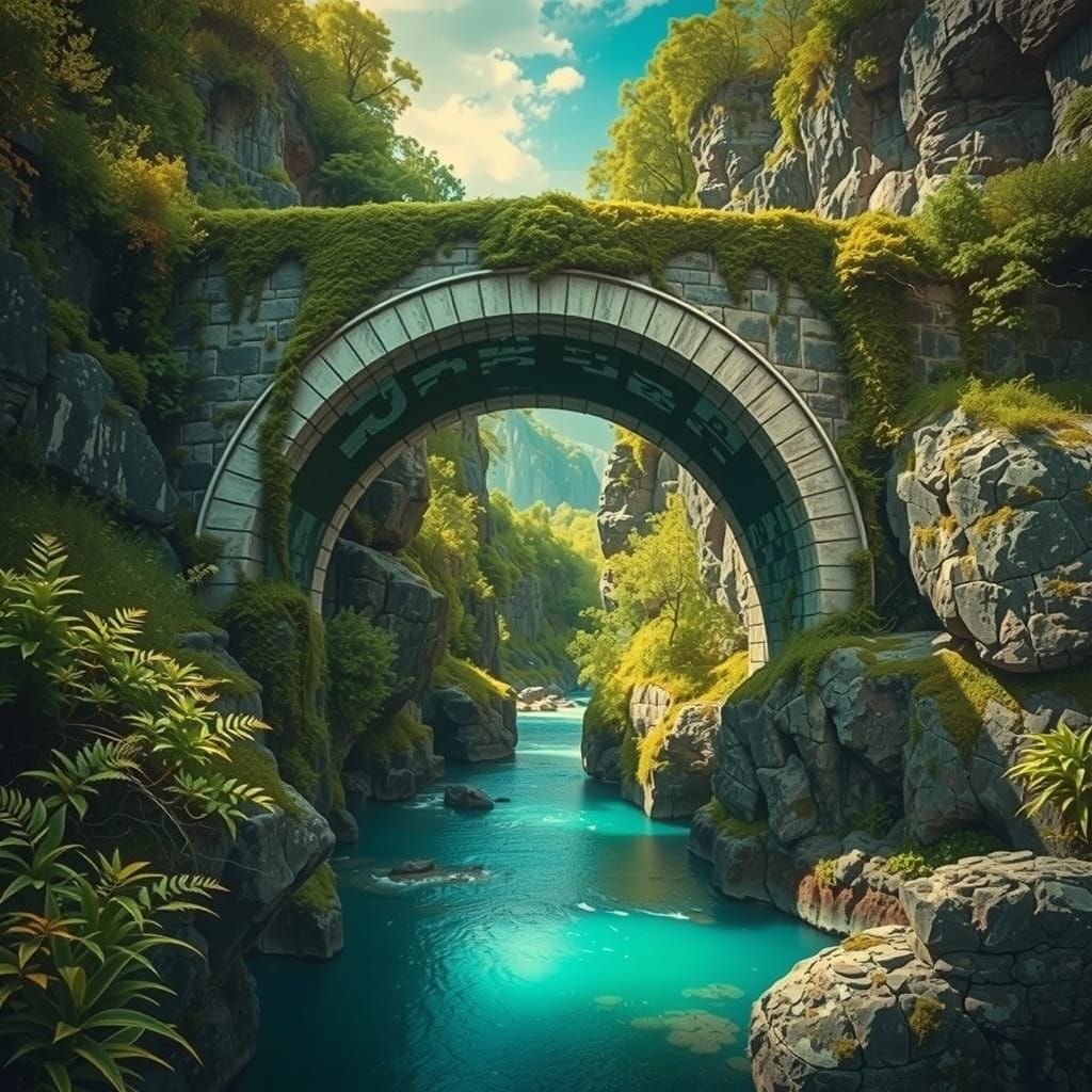 Ancient Roman Bridge in Vibrant, Emerald Green