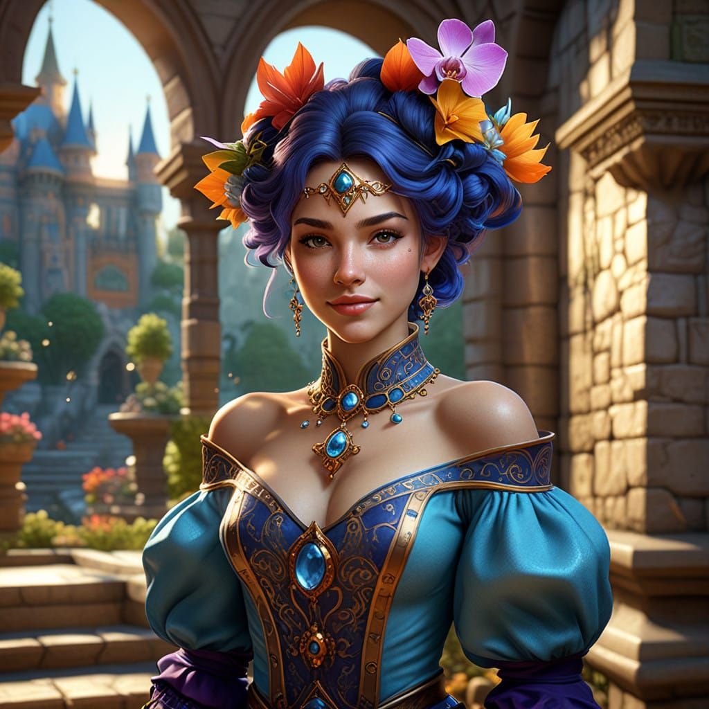 Vibrant Bohemian Jester in Majestic Castle Courtyard