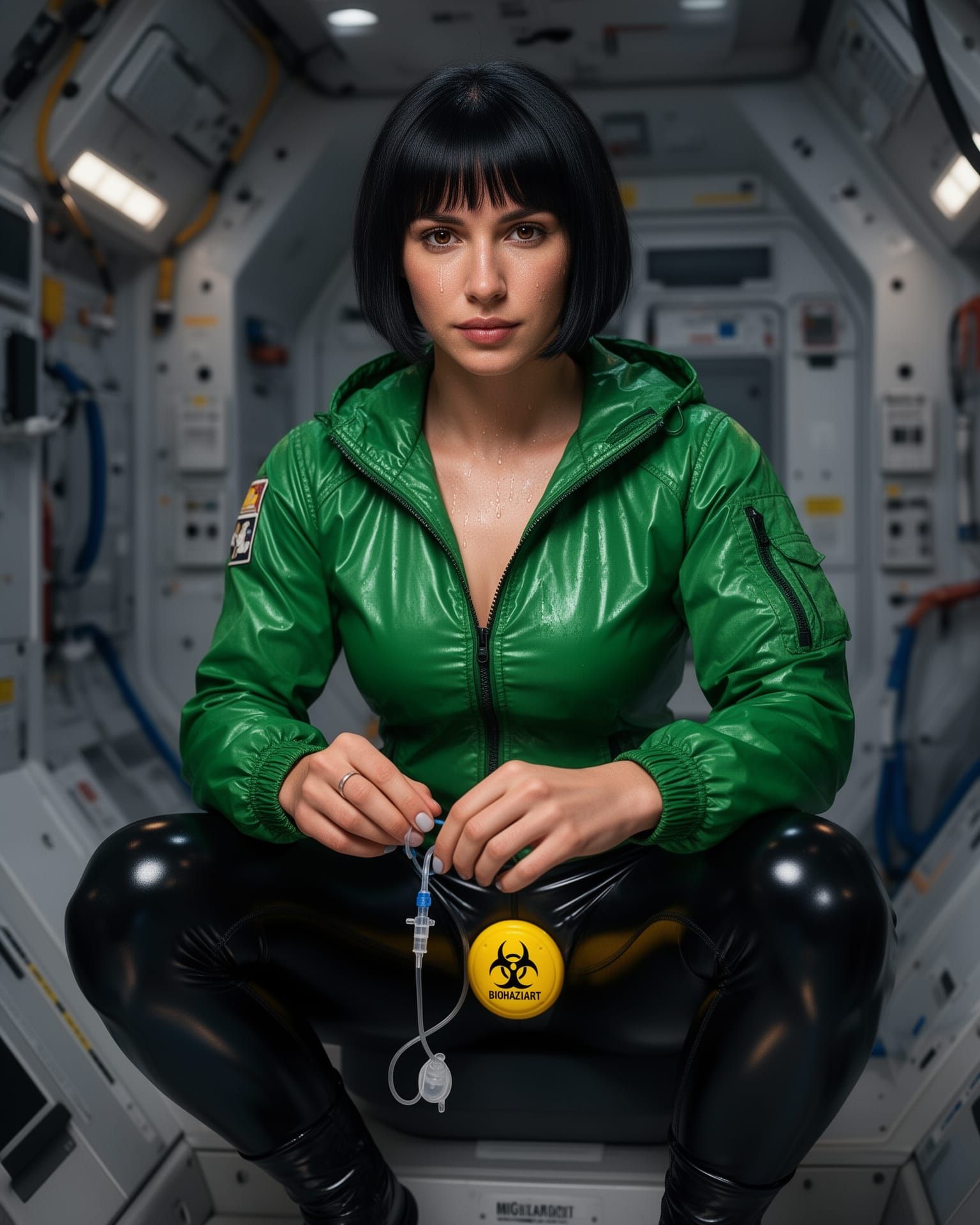 Space Woman Squats in Shuttle, Hyperrealistic Style