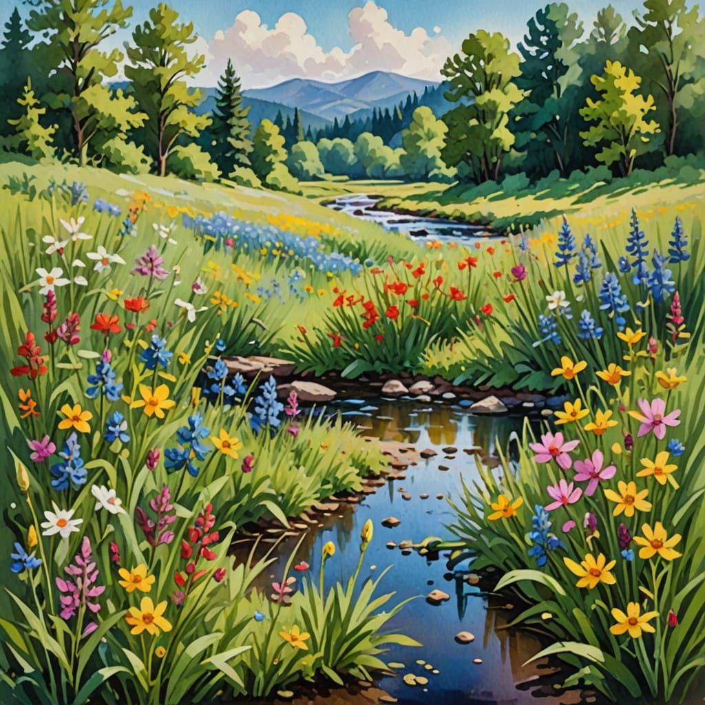 Vibrant Spring Blooms in an Impressionist Meadow Masterpiece
