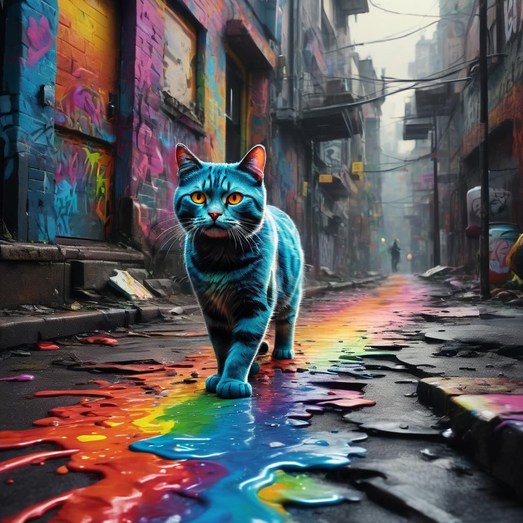 Cat Walking on Rainbow Bridge in Graffiti Art