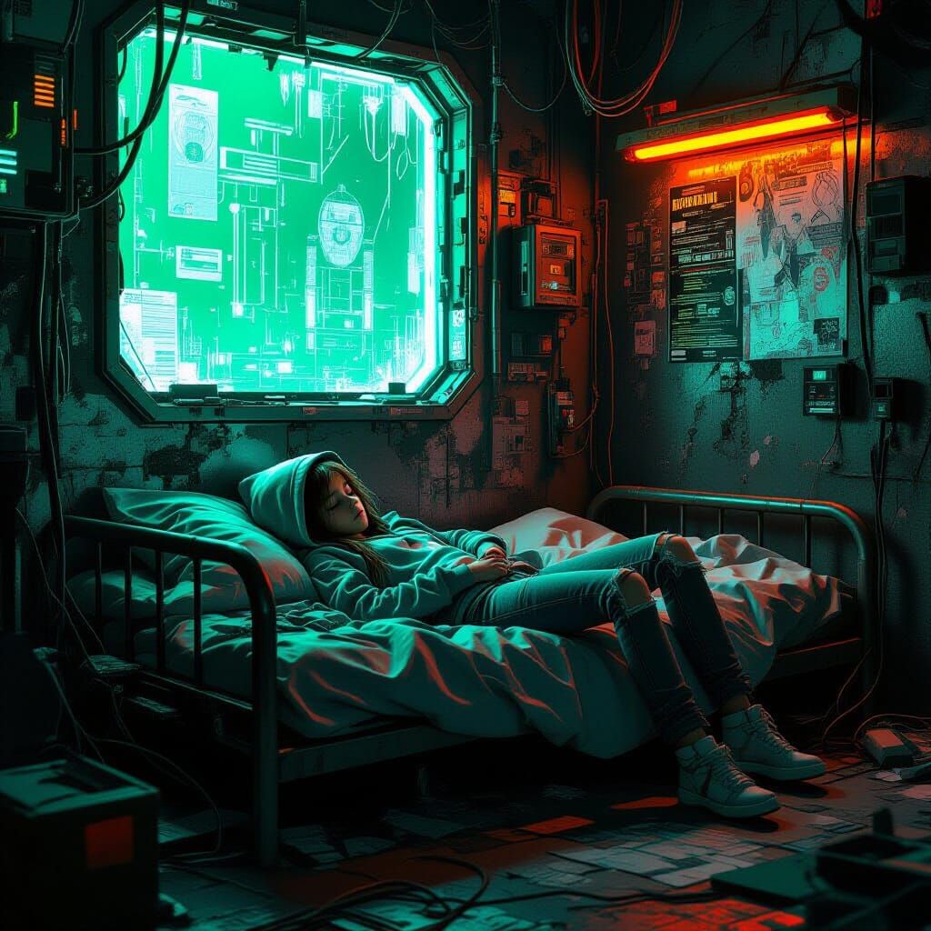 Cyberpunk Girl Asleep Amid Tech Scraps